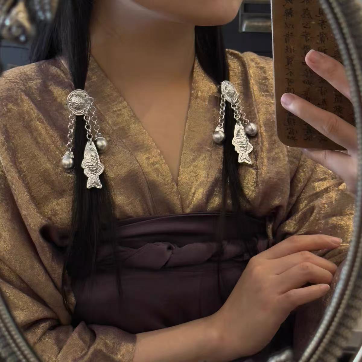 Ethnic Miao Silver Fish Bell Tassel Hair Clip | Oriental Hanfu Dangle Hair Barrette