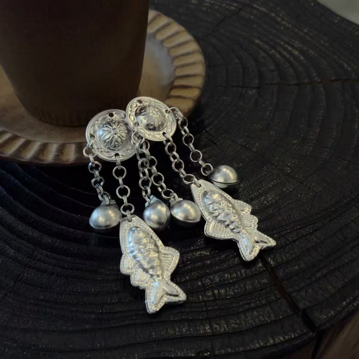 Ethnic Miao Silver Fish Bell Tassel Hair Clip | Oriental Hanfu Dangle Hair Barrette