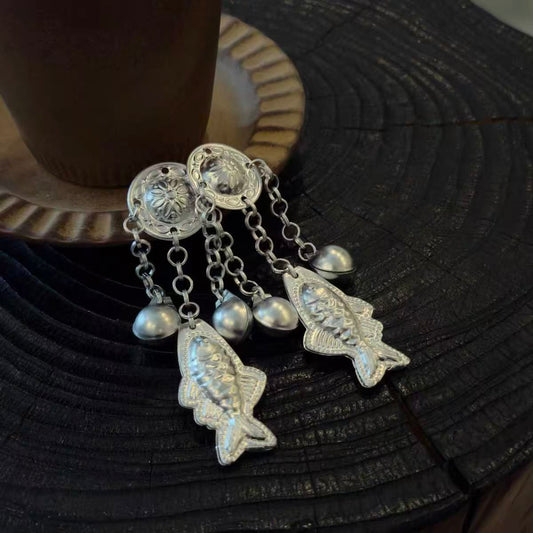Ethnic Miao Silver Fish Bell Tassel Hair Clip | Oriental Hanfu Dangle Hair Barrette