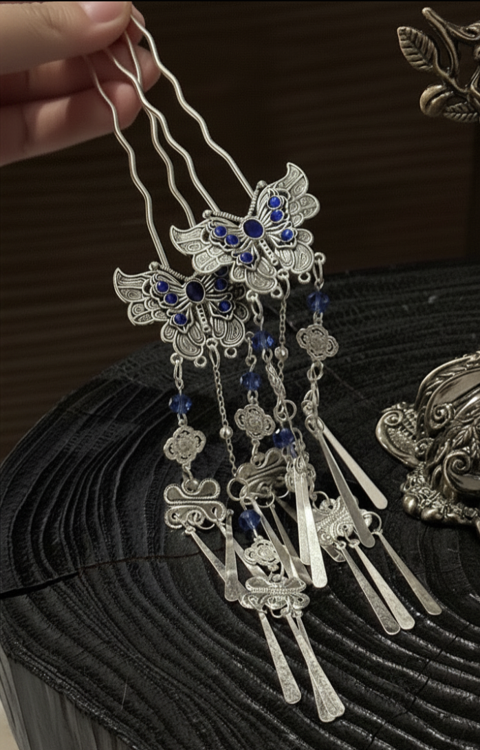 Silver Butterfly Blue Crystal Tassel Hair Fork