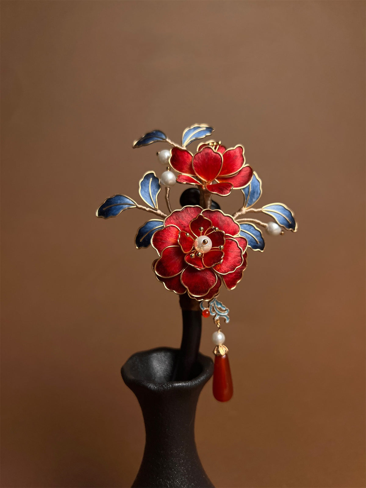 Handmade Floral Chan Hua Hairpins, Black Wood Silk Wrapped Peony Camellia Hairpin with Pearls & Red Agate