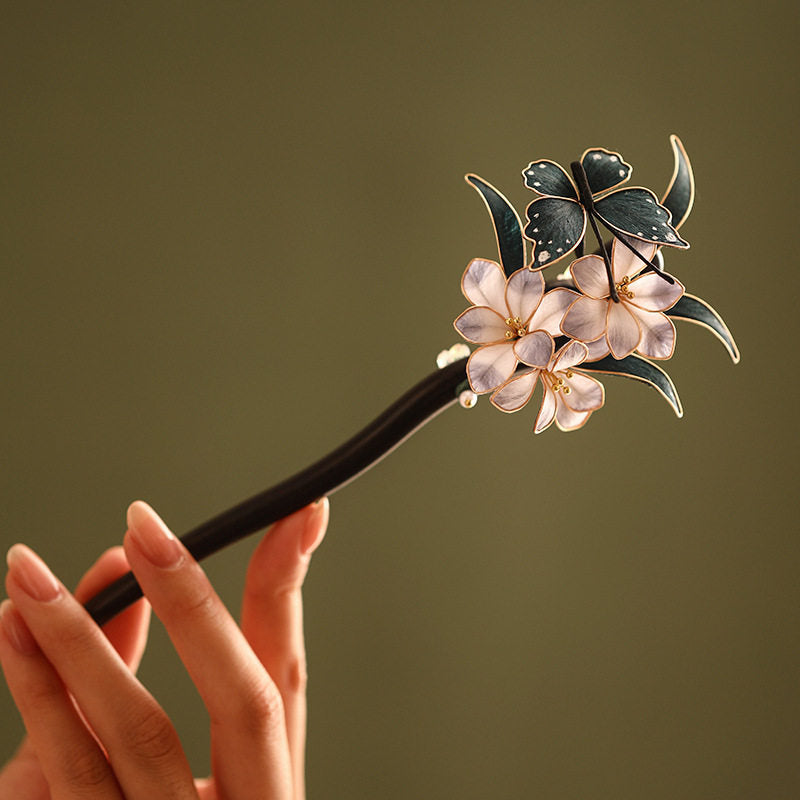 Handmade Butterfly Flower Chan Hua Hair Accessories , Black Wood Silk Wrapped Hair Stick, U-Shaped Hair Fork & Hair Clip,