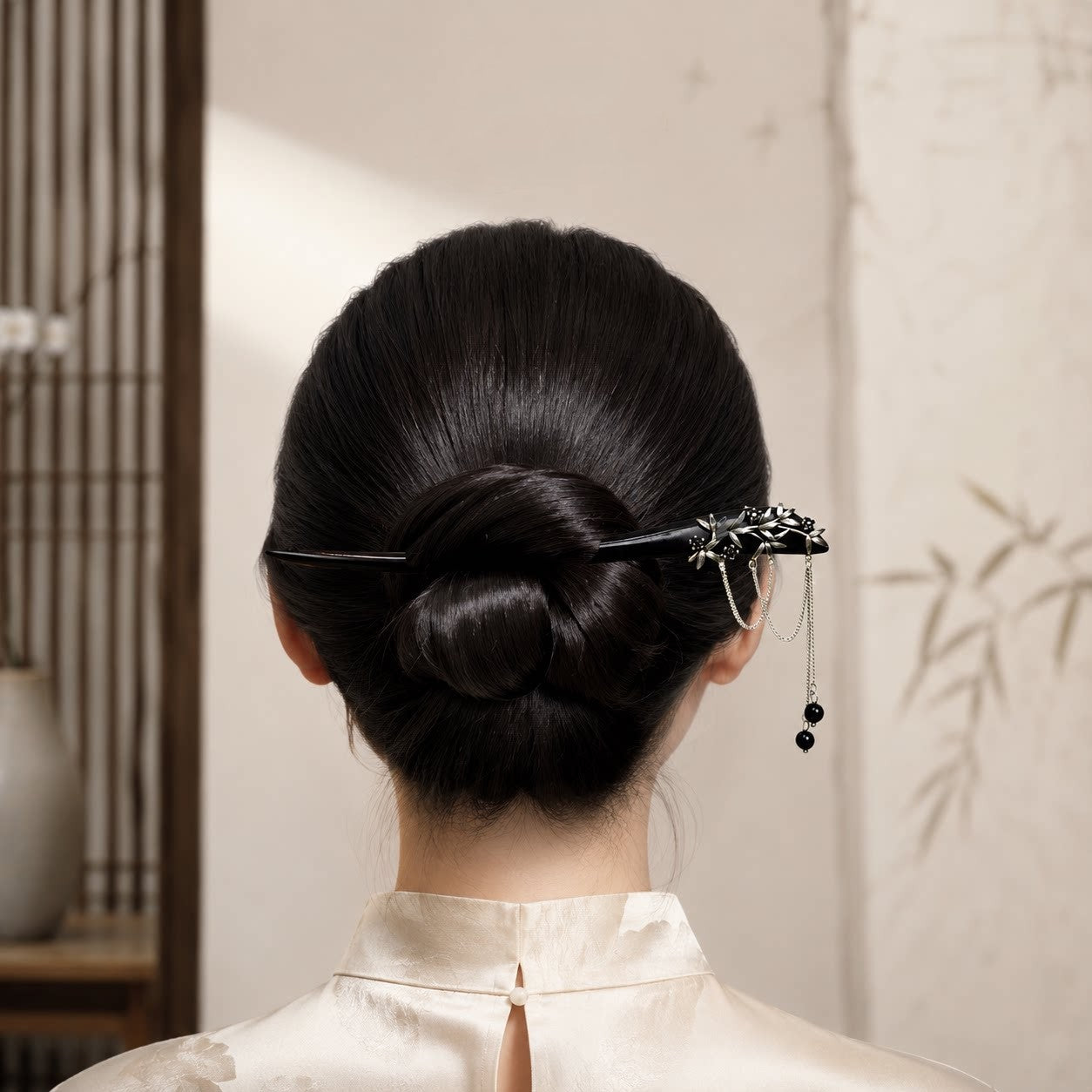 Black Sandalwood Bamboo Tassel Hair Stick, Vintage Chinese Hanfu Hairpin