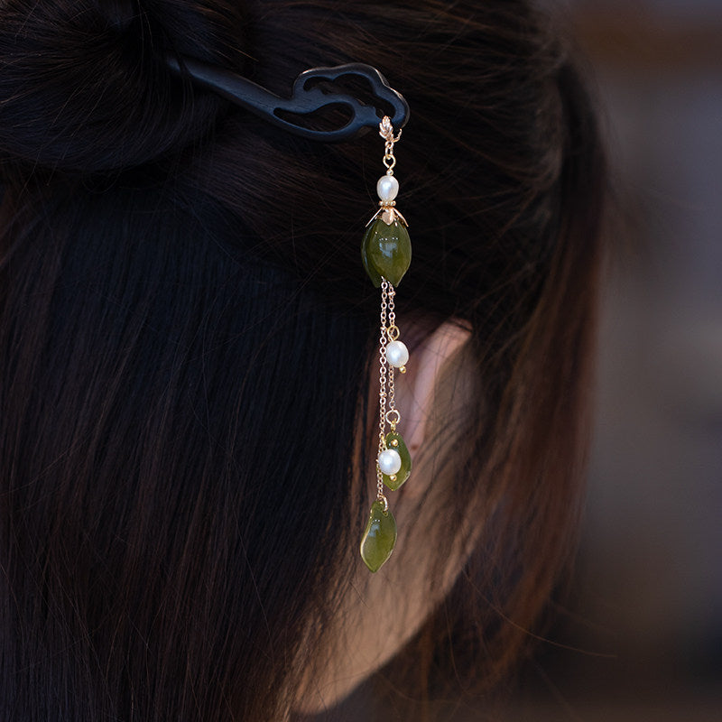 Black Sandalwood Ebony Cloud Pearl Tassel Hairpin