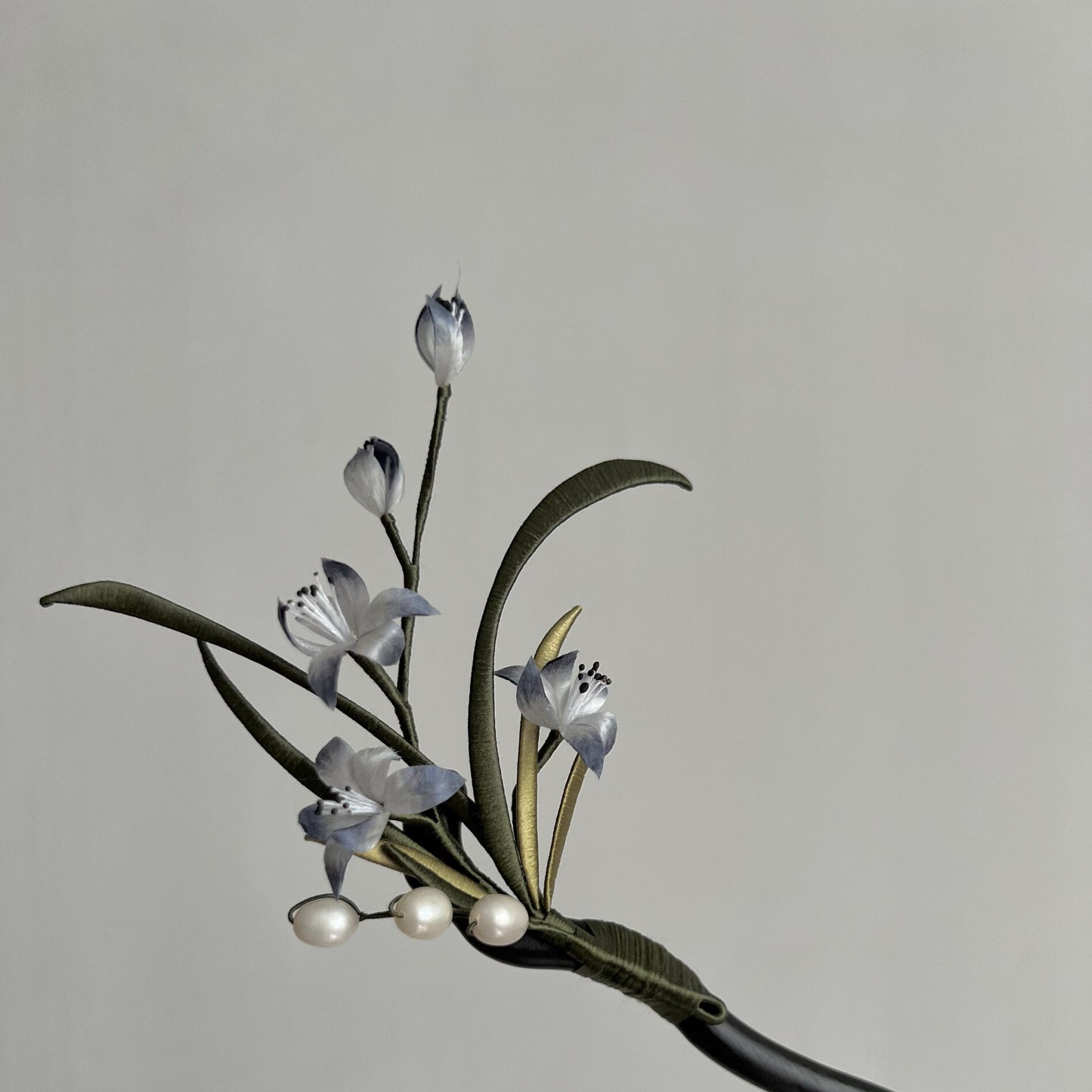 Hand‑Wrapped Silk Orchid Hair Stick, Black Wood Hairpin with Pearls