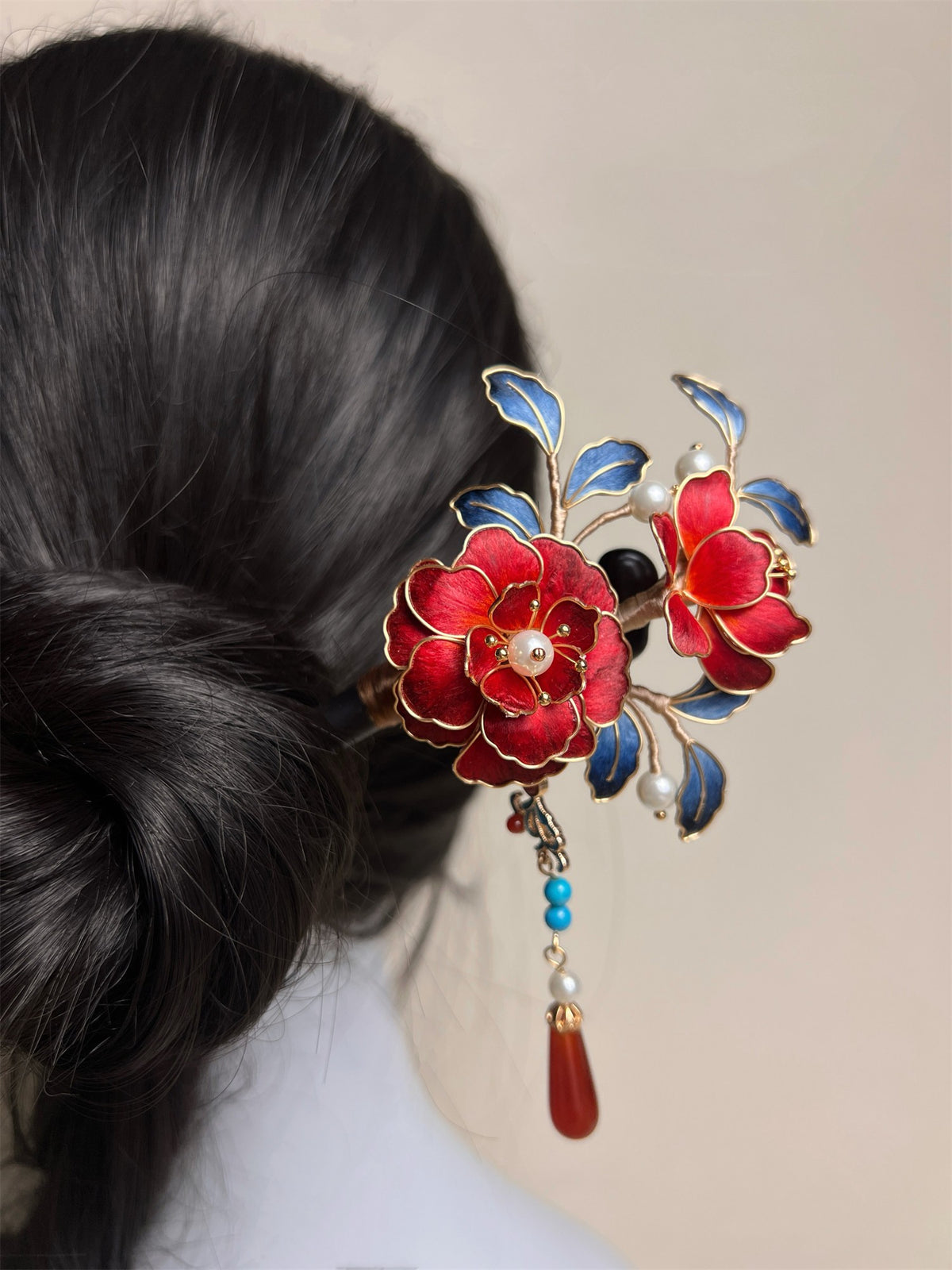 Handmade Floral Chan Hua Hairpins, Black Wood Silk Wrapped Peony Camellia Hairpin with Pearls & Red Agate