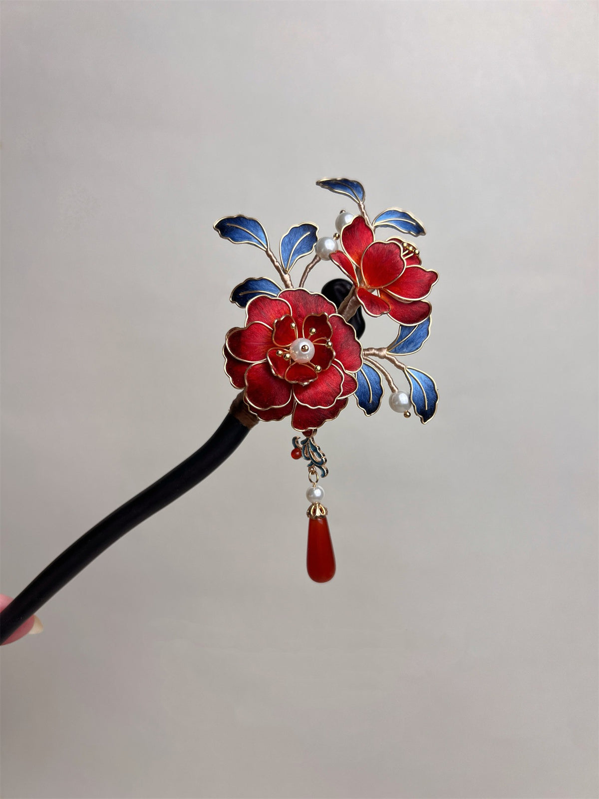 Handmade Floral Chan Hua Hairpins, Black Wood Silk Wrapped Peony Camellia Hairpin with Pearls & Red Agate