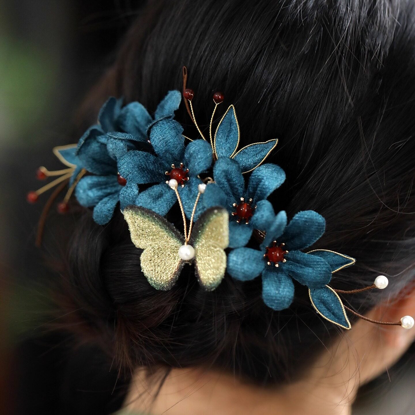 Handmade Peacock Blue Velvet Flower Butterfly Hair Clip