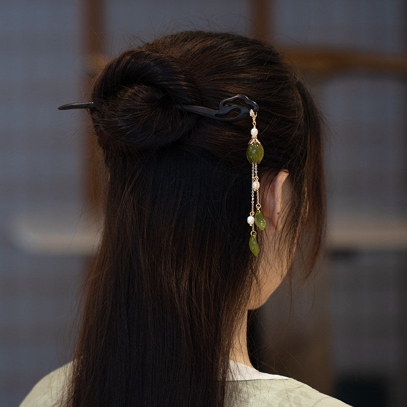 Black Sandalwood Ebony Cloud Pearl Tassel Hairpin