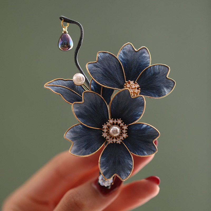 Handmade Navy Blue Flower Chan Hua Hair Accessories Set, Black Wood Silk Wrapped Hair Stick, U-Shaped Hair Fork & Hair Clip