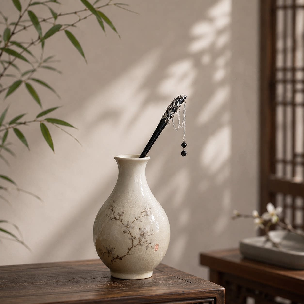 Black Sandalwood Bamboo Tassel Hair Stick, Vintage Chinese Hanfu Hairpin