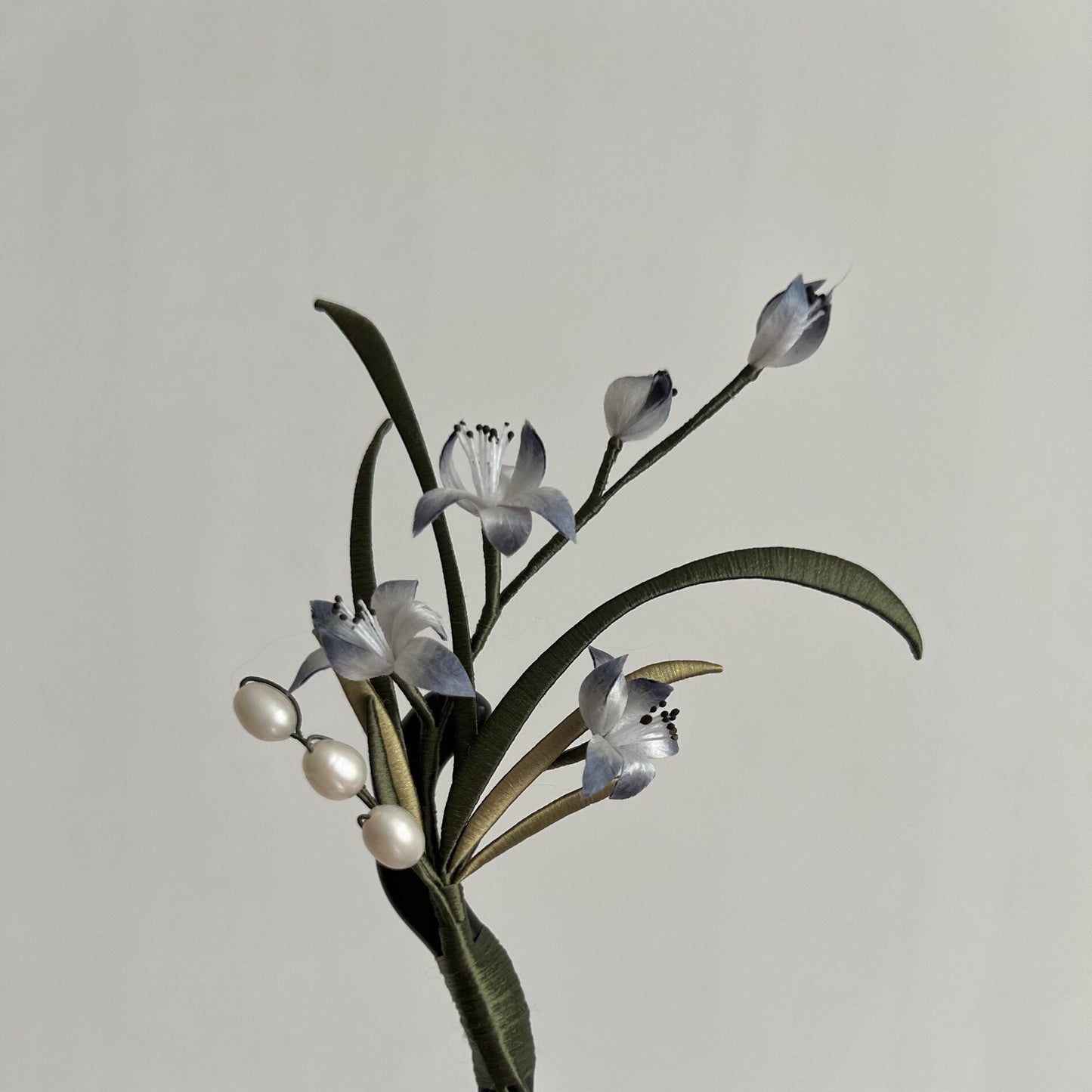 Hand‑Wrapped Silk Orchid Hair Stick, Black Wood Hairpin with Pearls