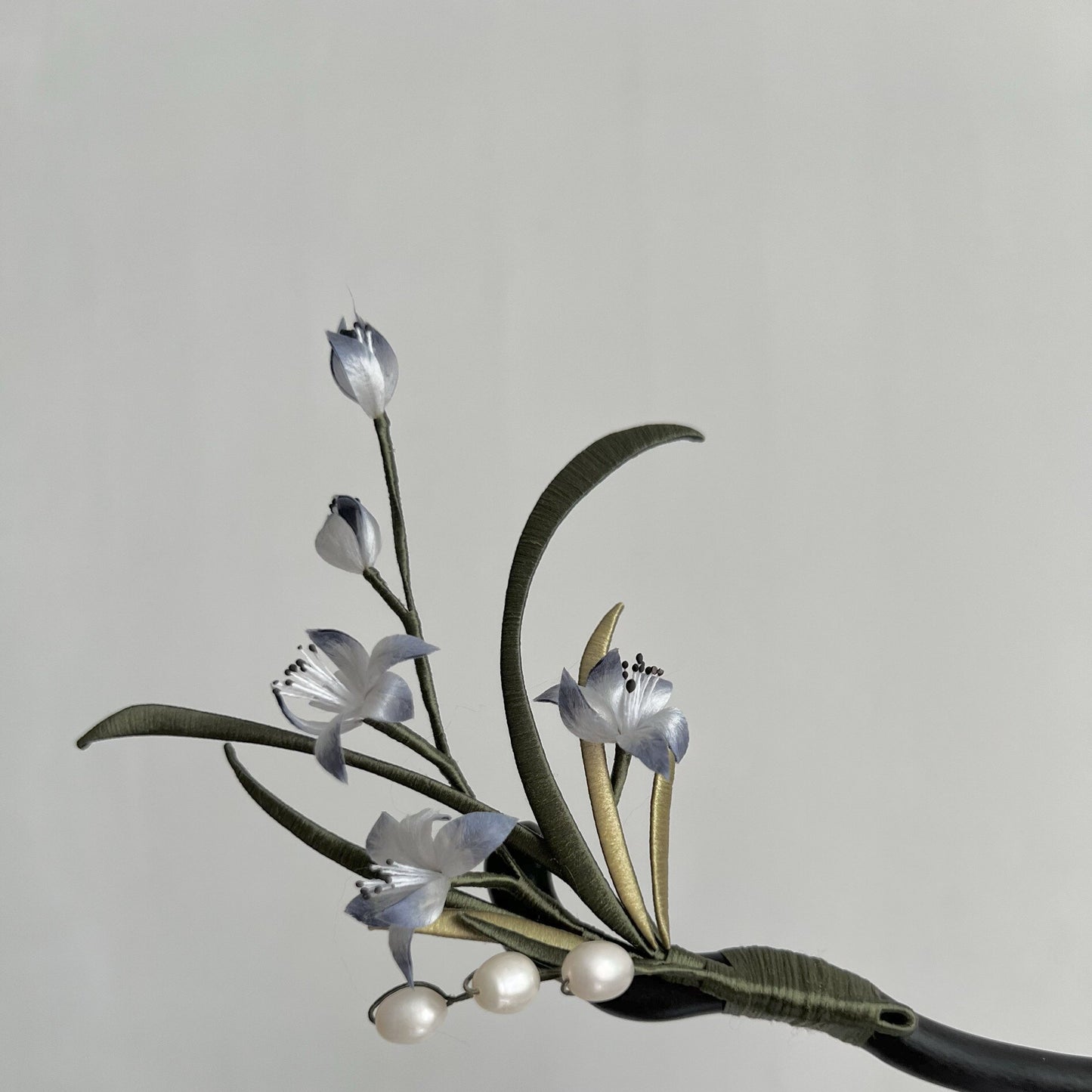 Hand‑Wrapped Silk Orchid Hair Stick, Black Wood Hairpin with Pearls