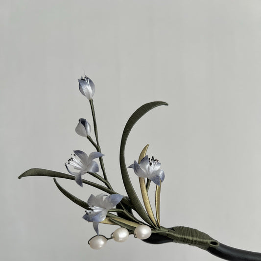 Hand‑Wrapped Silk Orchid Hair Stick, Black Wood Hairpin with Pearls