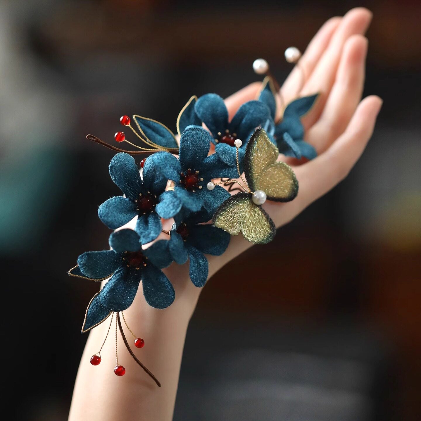Handmade Peacock Blue Velvet Flower Butterfly Hair Clip