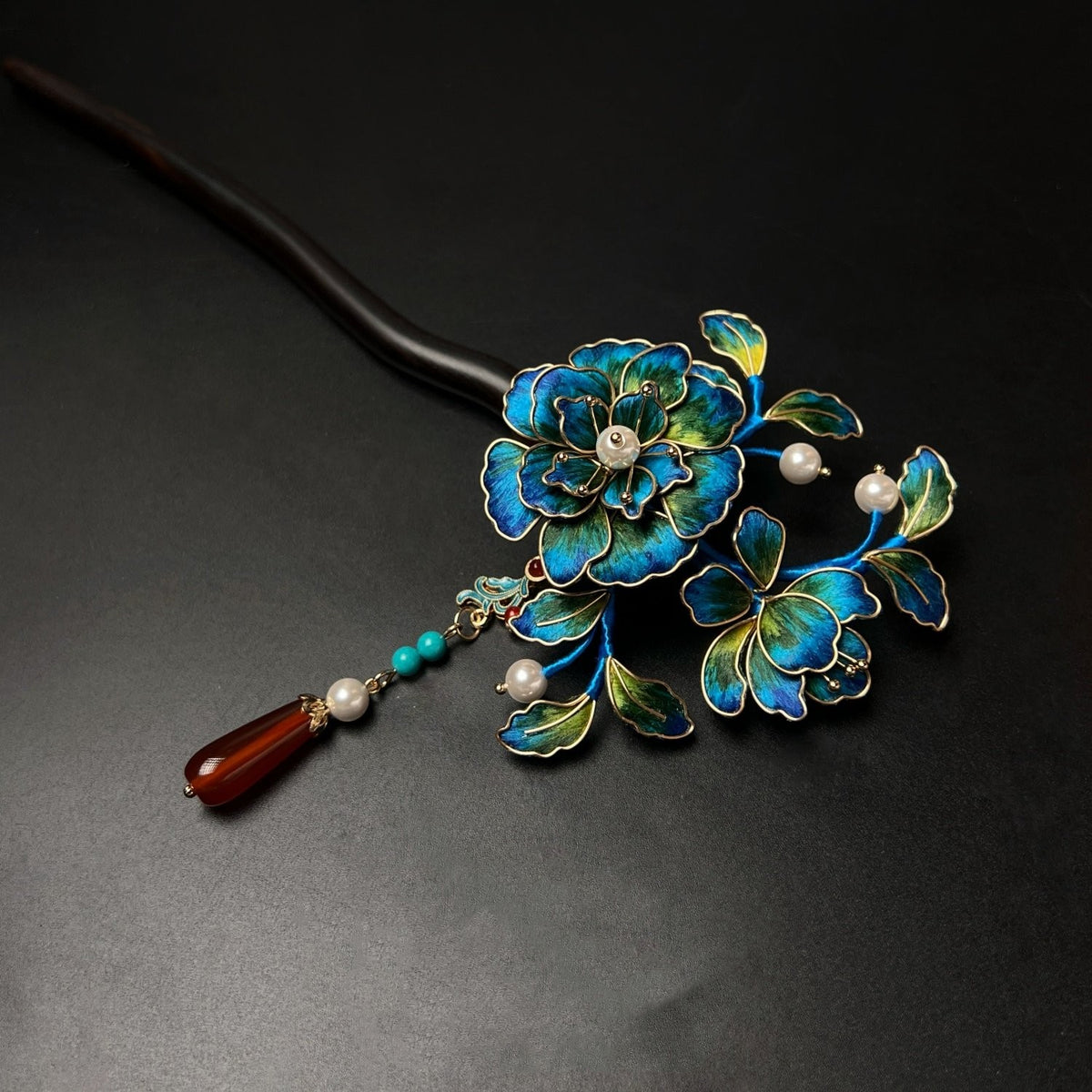 Handmade Floral Chan Hua Hairpins, Black Wood Silk Wrapped Peony Camellia Hairpin with Pearls & Red Agate