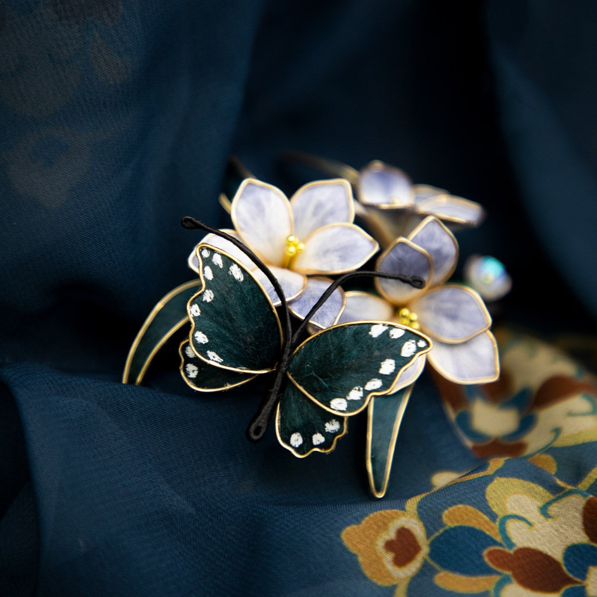 Handmade Butterfly Flower Chan Hua Hair Accessories , Black Wood Silk Wrapped Hair Stick, U-Shaped Hair Fork & Hair Clip,