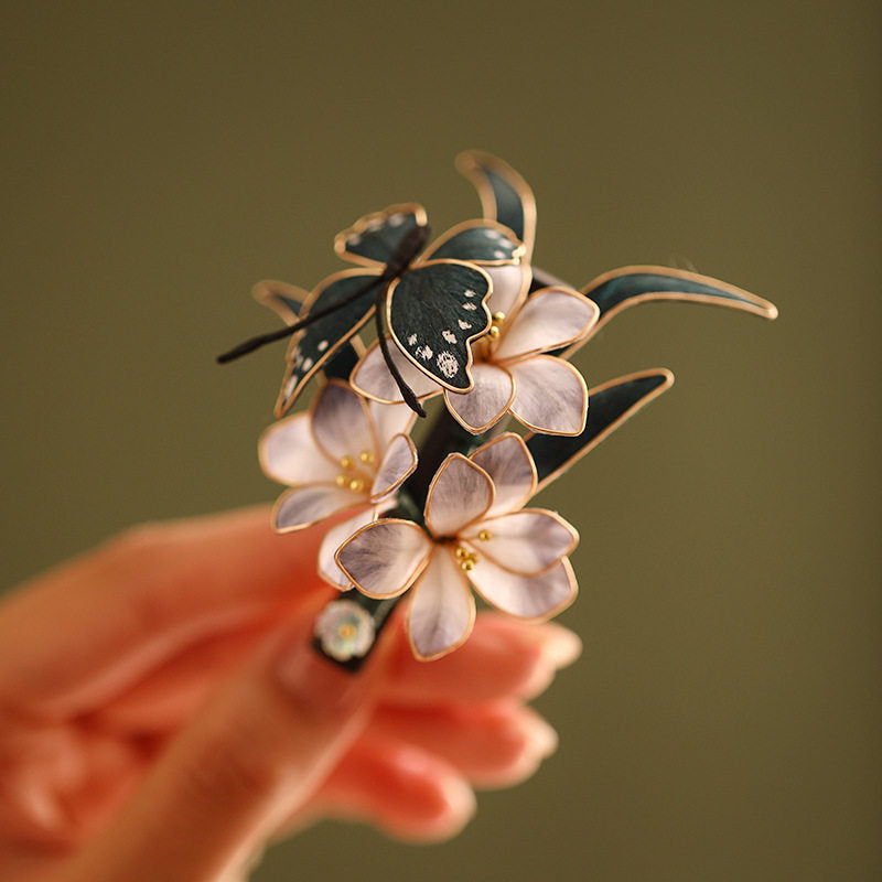 Handmade Butterfly Flower Chan Hua Hair Accessories , Black Wood Silk Wrapped Hair Stick, U-Shaped Hair Fork & Hair Clip,
