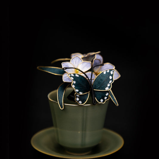 Handmade Butterfly Flower Chan Hua Hair Accessories , Black Wood Silk Wrapped Hair Stick, U-Shaped Hair Fork & Hair Clip,