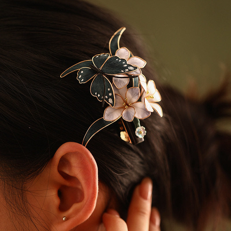 Handmade Butterfly Flower Chan Hua Hair Accessories , Black Wood Silk Wrapped Hair Stick, U-Shaped Hair Fork & Hair Clip,