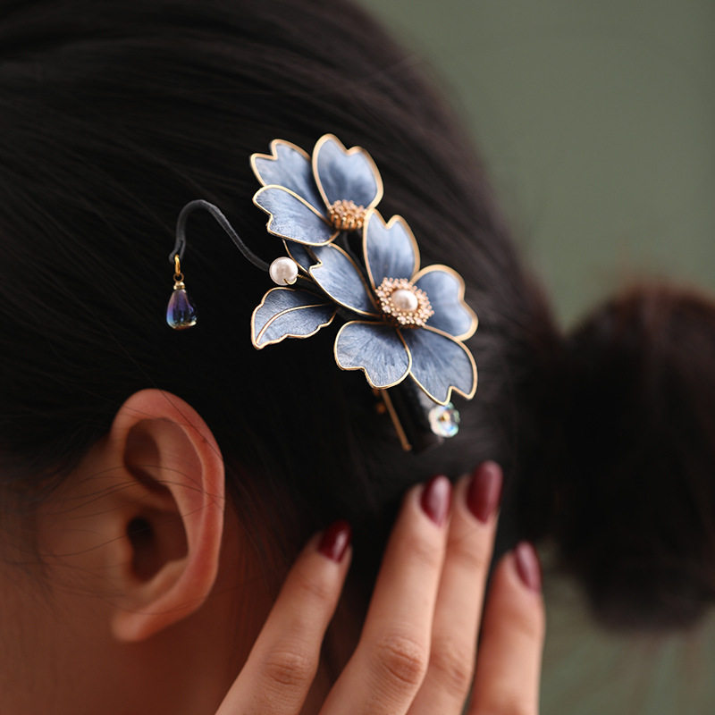Handmade Navy Blue Flower Chan Hua Hair Accessories Set, Black Wood Silk Wrapped Hair Stick, U-Shaped Hair Fork & Hair Clip