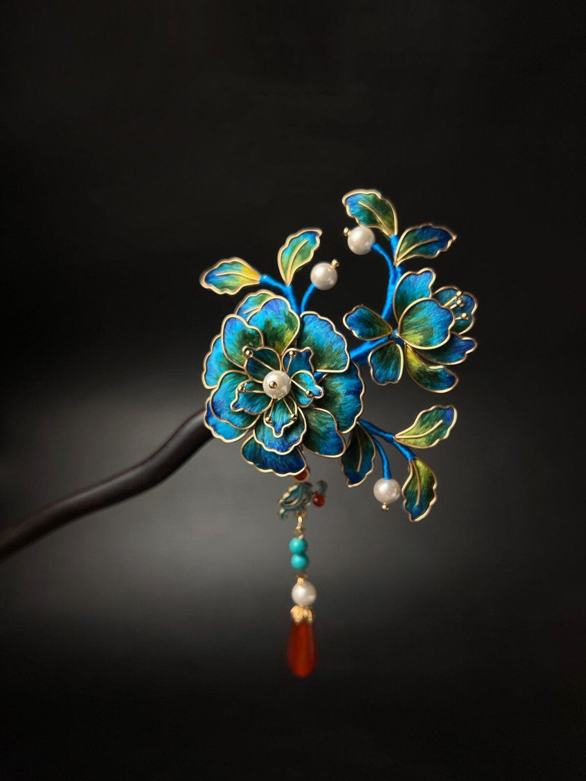 Handmade Floral Chan Hua Hairpins, Black Wood Silk Wrapped Peony Camellia Hairpin with Pearls & Red Agate