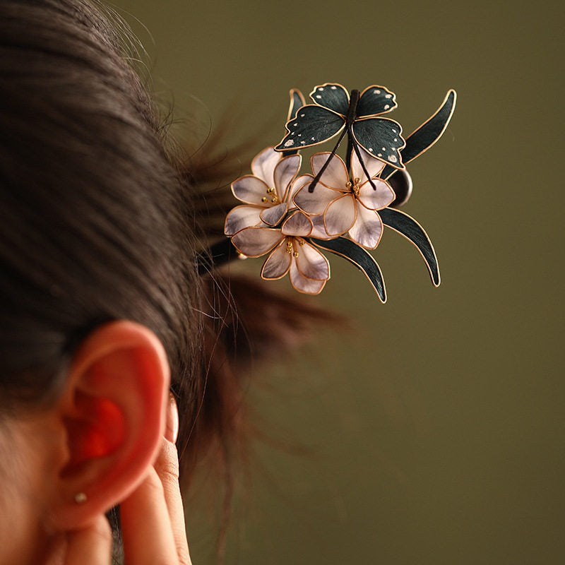 Handmade Butterfly Flower Chan Hua Hair Accessories , Black Wood Silk Wrapped Hair Stick, U-Shaped Hair Fork & Hair Clip,