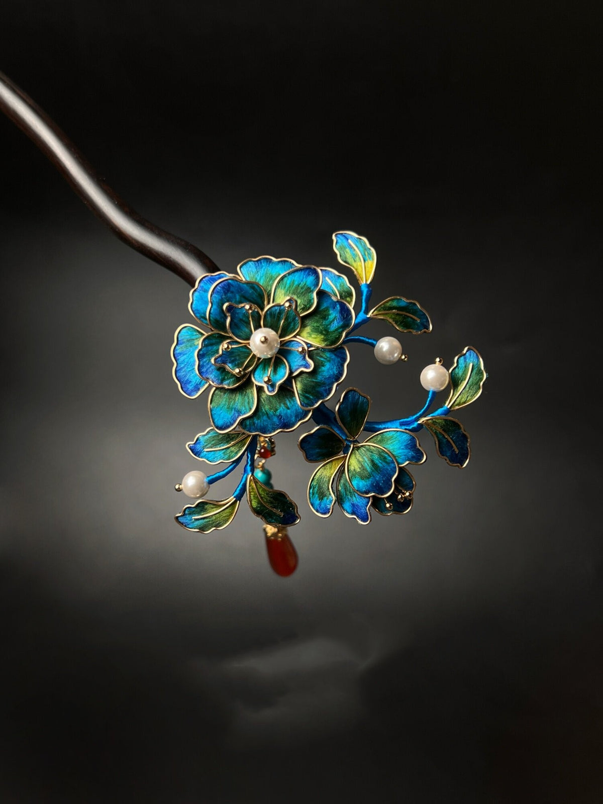 Handmade Floral Chan Hua Hairpins, Black Wood Silk Wrapped Peony Camellia Hairpin with Pearls & Red Agate