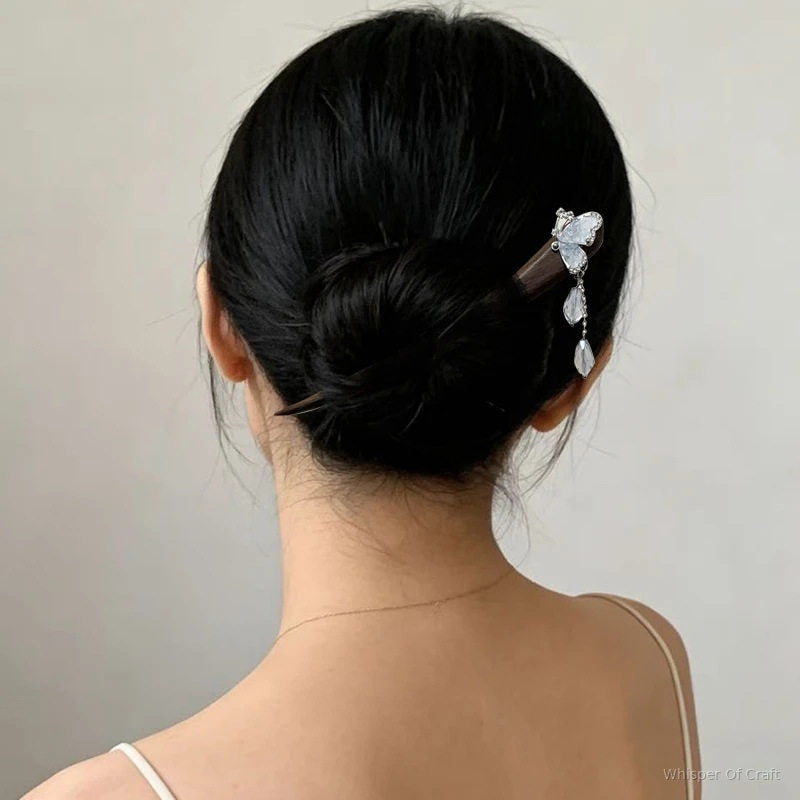 Crystal Butterfly Tassel Hairpin – Dark Wood Hair Stick with Dangle Charms