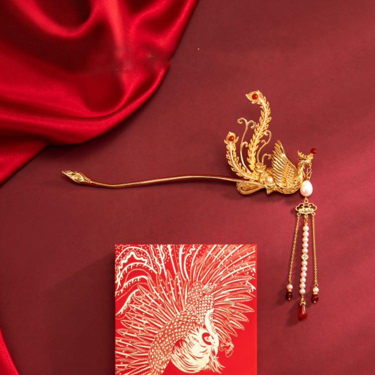 Side view showing tassel movement and slim pin inserted into chignon