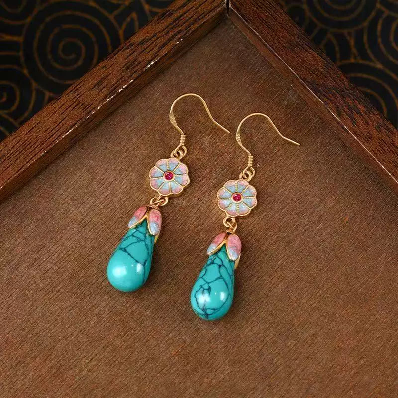 Ancient Gold Enamel Turquoise Earrings – Elegant Hanfu & Qipao Accessories