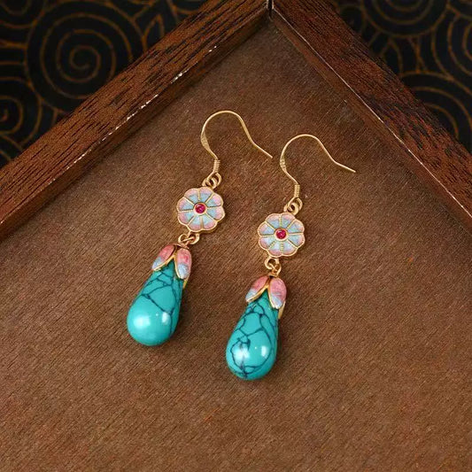 Ancient Gold Enamel Turquoise Earrings – Elegant Hanfu & Qipao Accessories