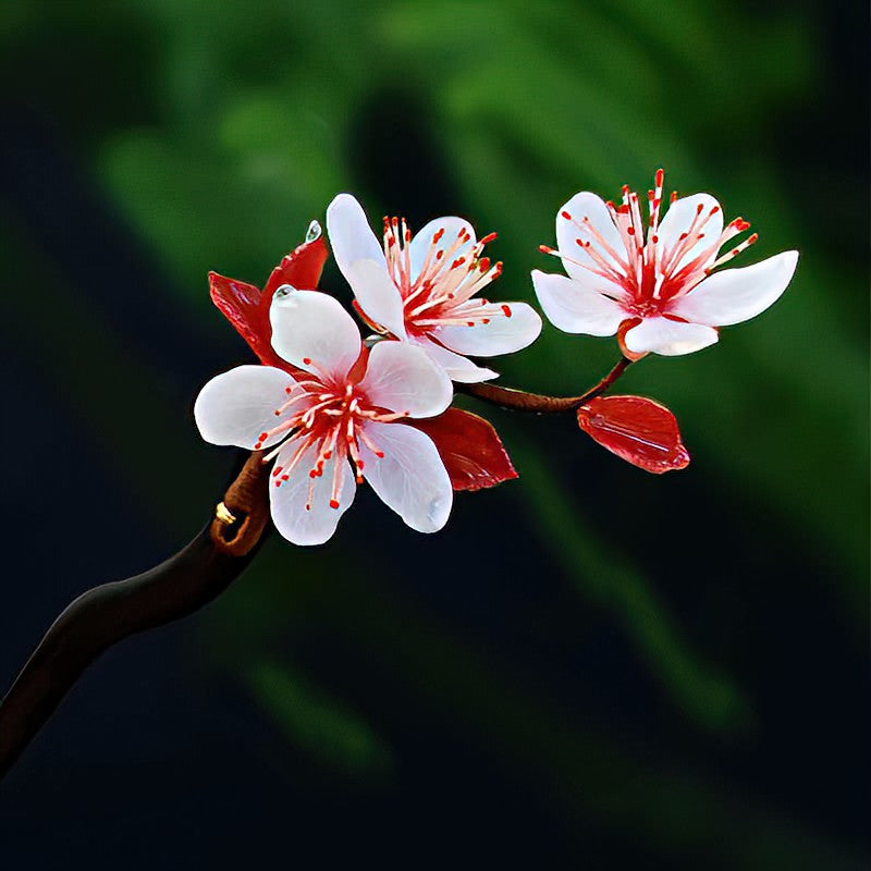 Warm brown carved blossom pin placed across a neatly styled bun