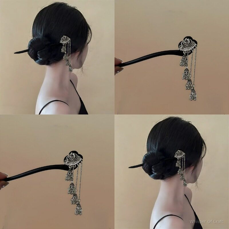 Silver Lotus Tassel Hairpin – Vintage Floral Hair Stick with Long Dangles