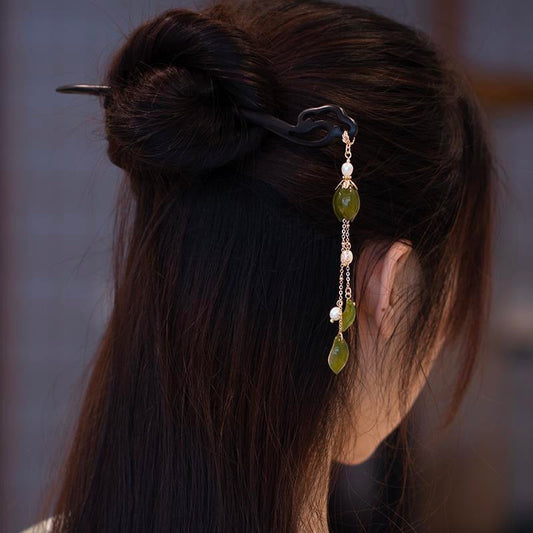 Black Sandalwood Ebony Cloud Pearl Tassel Hairpin
