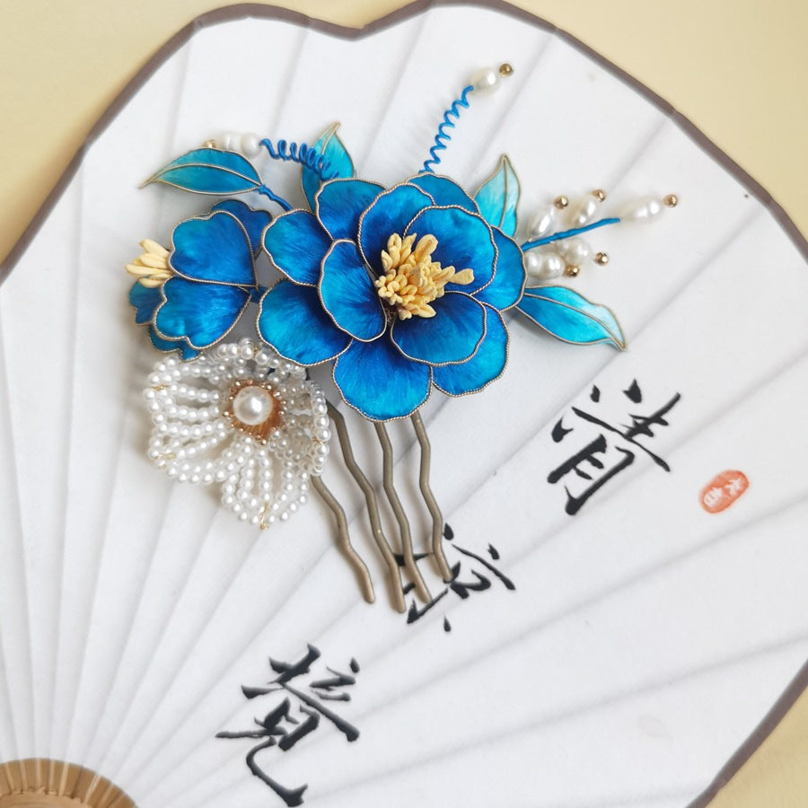 Close-up of painted-look petals in blue tones, elegant accent for updos