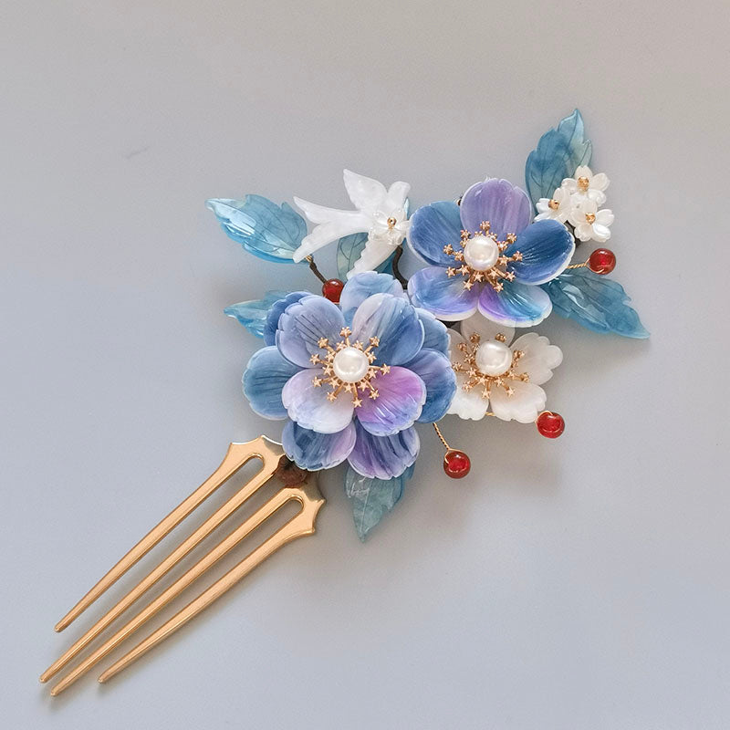 Close-up of layered blue petals with subtle pearlescent sheen, side view
