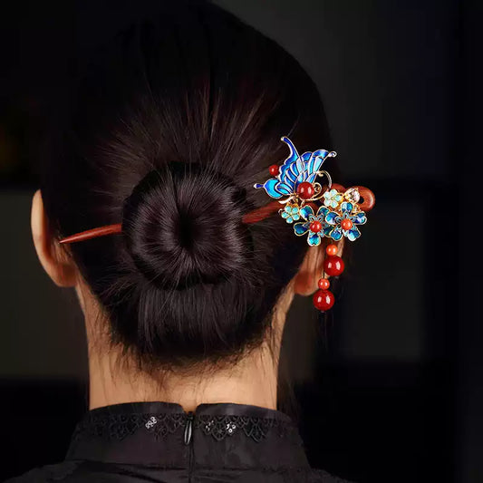 Chinese Butterfly Hairpin – Vintage Floral Red Sandalwood Hair Stick for Women