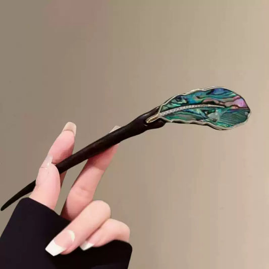 Elegant Chinese Ebony Wood Hair Pin with Lake Green Shell Fan Design for Women