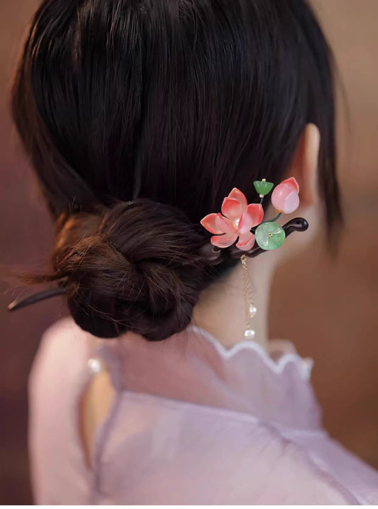 Bubu Sheng Lian Glass Lotus Tassel Ebony Hairpin – Hanfu & Cheongsam Hair Accessory