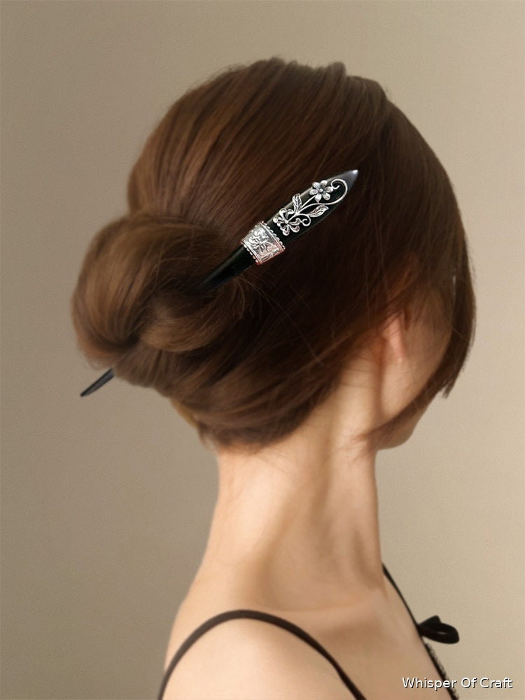 Black Floral Hair Stick with Silver Filigree – Elegant Vintage Hair Pin