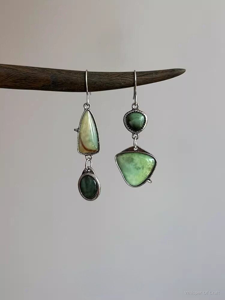 Green Natural Stone Asymmetrical Drop Earrings – Silver-Tone Statement Jewelry