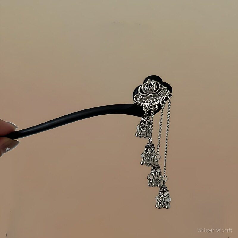 Silver Lotus Tassel Hairpin – Vintage Floral Hair Stick with Long Dangles