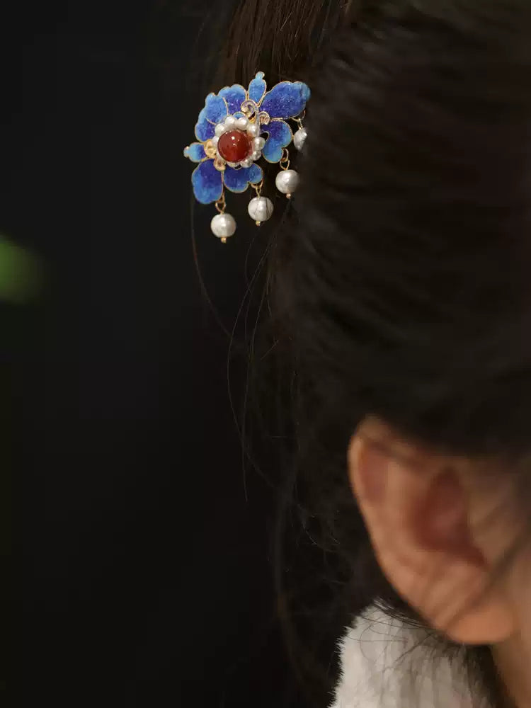Vintage Chinese Blue Sand Hairpin – Elegant Traditional Costume Hair Accessory