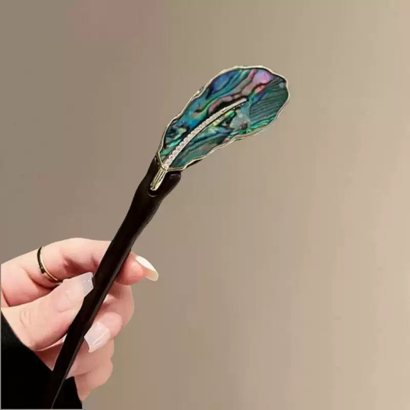 Elegant Chinese Ebony Wood Hair Pin with Lake Green Shell Fan Design for Women