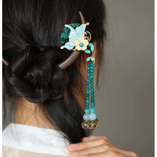 Crescent Moon Butterfly Ebony Hairpin – New Chinese Style Blue Shell Tassel Hair Stick