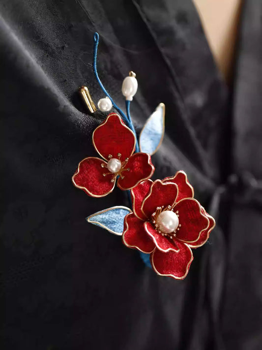 Red Camellia Filigree Brooch - Handmade Chinese Qipao Accessory, Elegant Pearl Accent Pin for Women