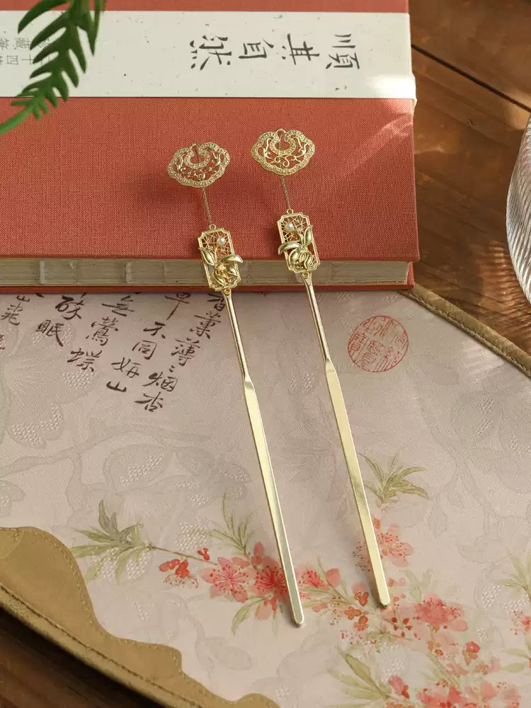 Elegant Pearl Copper Hairpin | Long Bun Hair Stick in New Chinese Style Design