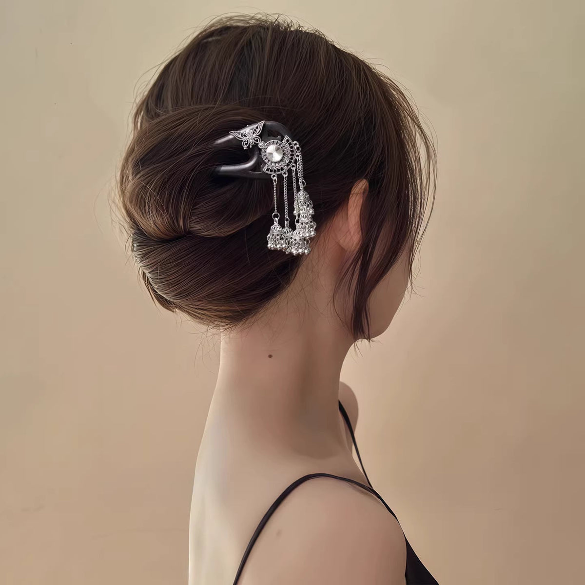 Miao Style Ebony Butterfly Tassel Hairpin – U-Shaped Silver Accent Hair Stick for Women
