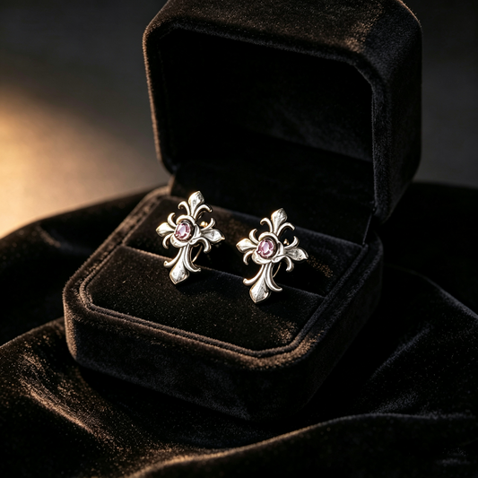 Sterling Silver Fleur De Lis Cross Earrings